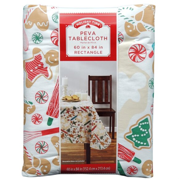 60" x 84" Rectangle Vinyl Tablecloth Gingerbread Man Christmas Peva Holiday Time - Picture 1 of 7